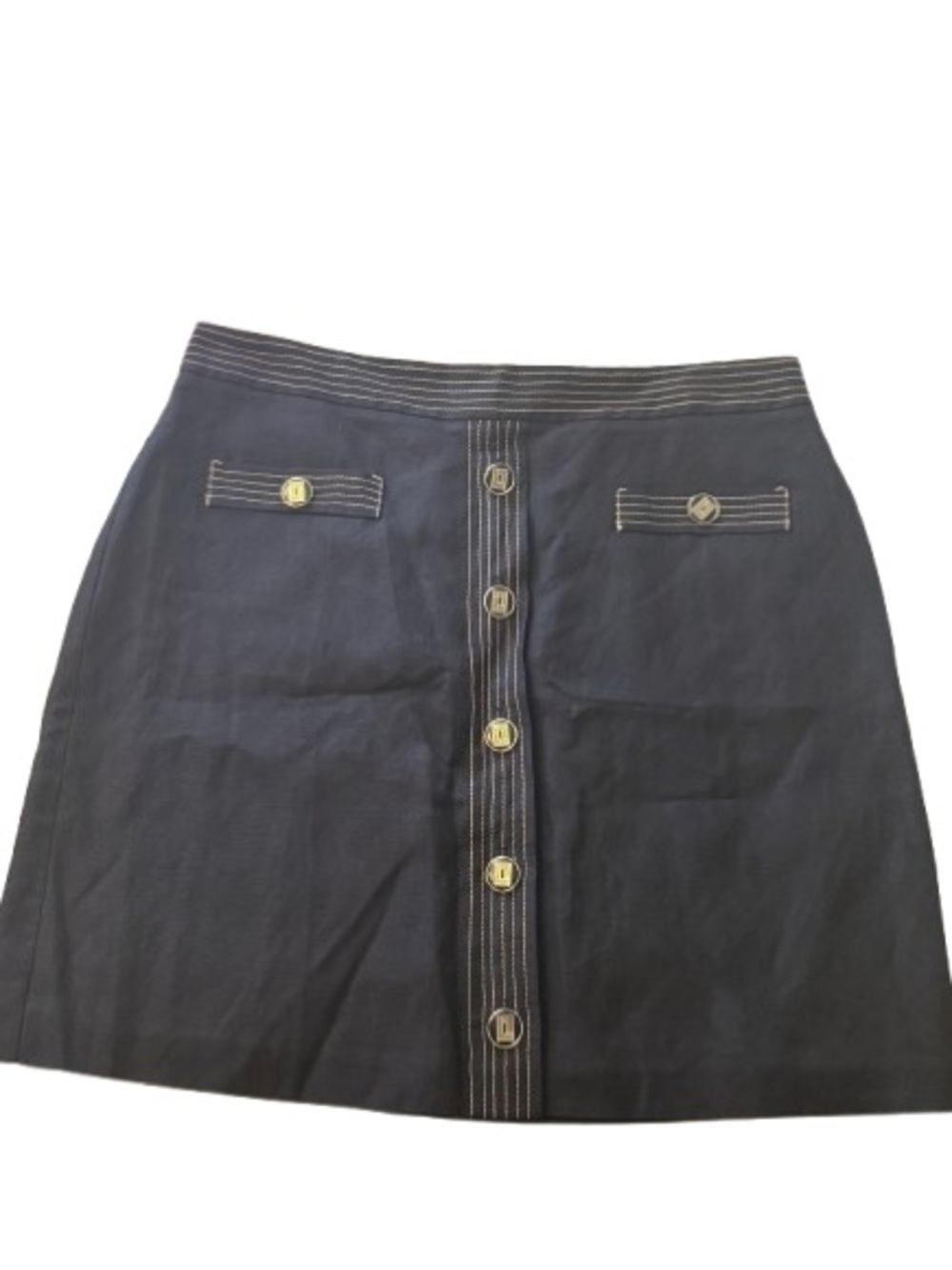 Karl Lagerfeld Paris Black Linen Blend Trapunto Stitch Logo Button Mini Skirt 10 - Picture 2 of 7